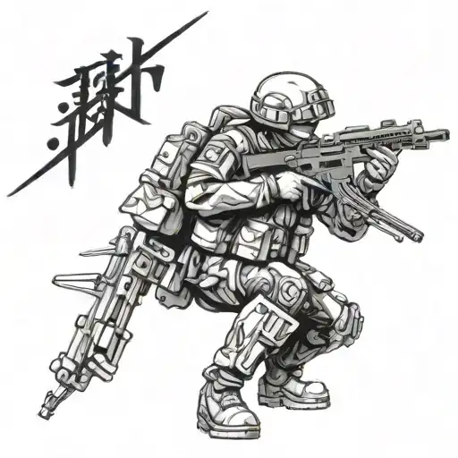 Soldier With A Machine Gun And The Inscription Metsuki Sutemi