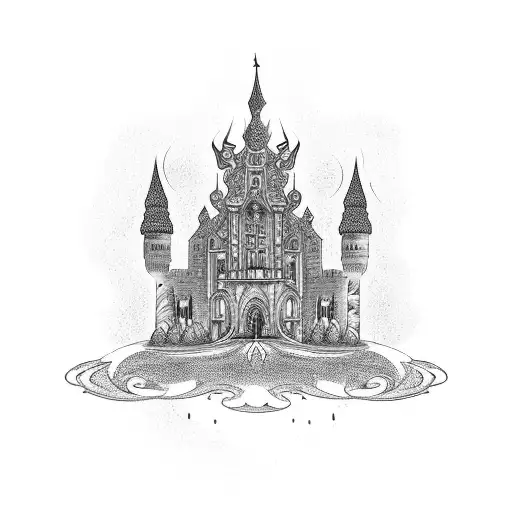Intricate Blackwork Design Featuring A Gothic Castle Surrounded By Swirling Dark Ornamental Patterns