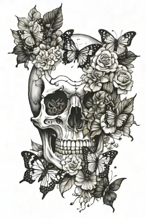 A Skull Exhaling Black Flowers That Slowly Turn Into Butterflies