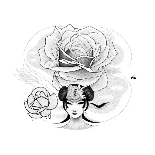 A Geisha Playing A Musical Instrument Surrounded By Rose Petals