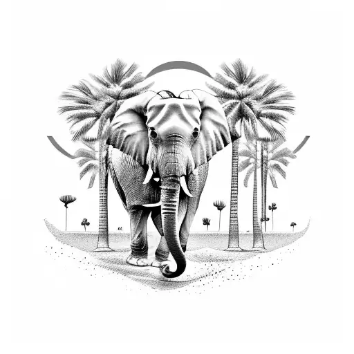 A Majestic Elephant Walking On A Beach With Palm Trees In The Background