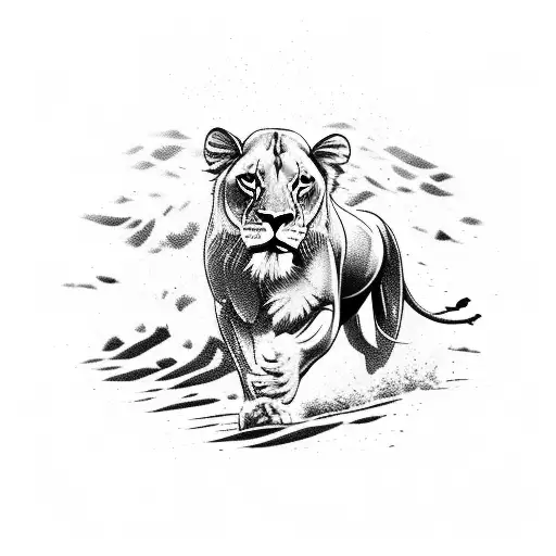 A Majestic Lioness Walking On A Sandy Beach With Crashing Waves In The Background