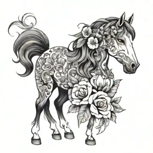 A Detailed Portrait Of A Horse With Floral Elements Incorporated Into The Mane And Background