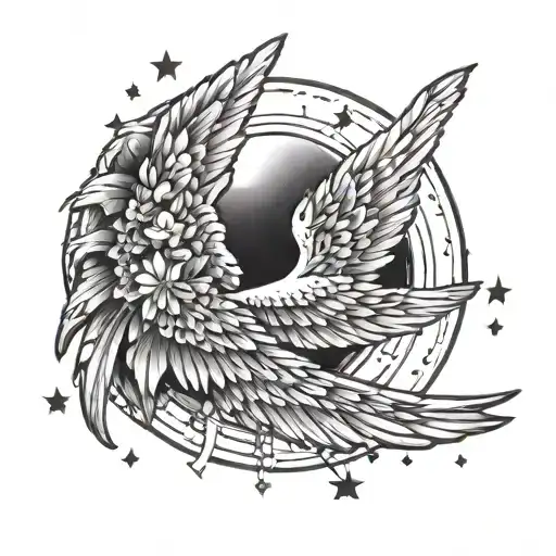 6 Angel Wings Spread With Moon And Stars