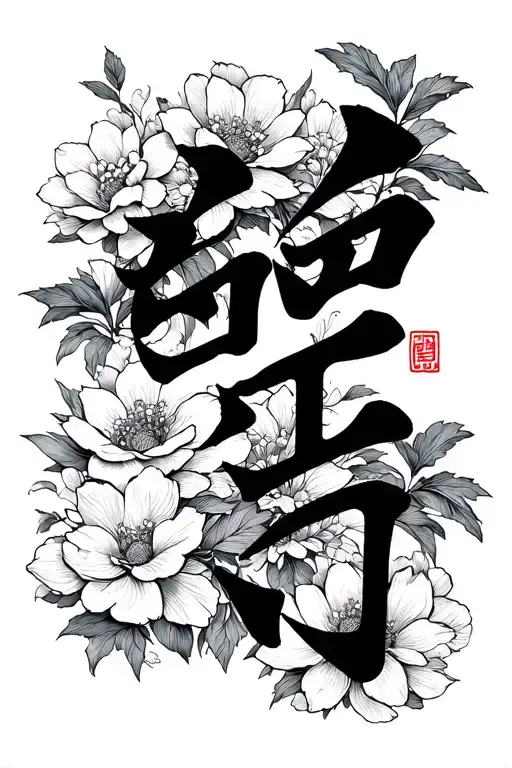 Japanese Kanji For Family Forever With Flowers In Background