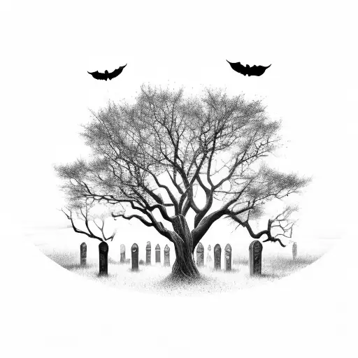 A Hauntingly Beautiful Scene Of A Moonlit Graveyard With Tombstones And Skeletal Trees