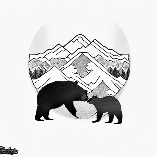 Dad Bear And Son Bear Touching Noses Inside Bear Paw With Mountains Behind It