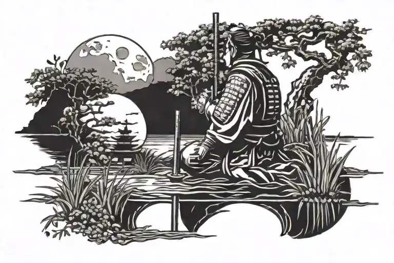Samurai Kneeling Over A Pond With 3 Crosses With The Moon In The Background