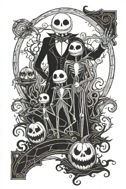 A Spooky Halloween Scene Featuring Characters From Nightmare Before Christmas In A Blackwork Style