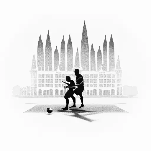 A Silhouette Of A Father And Son Playing Football In Front Of Famous Landmarks