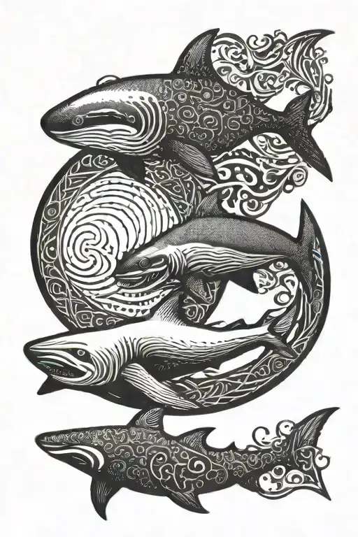 An Intricate Dotwork Design Of A Seal And Shark Circling Each Other In A Yin Yang Formation