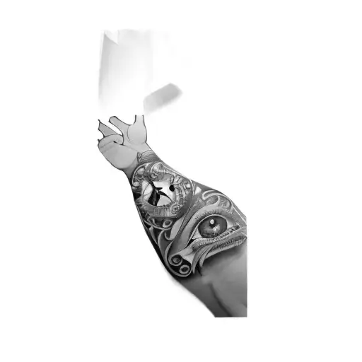 A Man's Arm With A Tattoo Of An Eye And A Clock