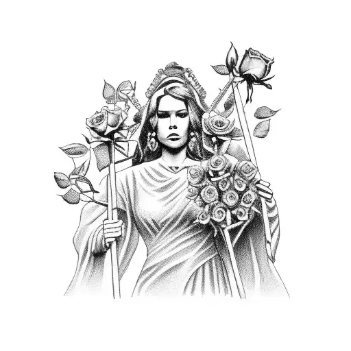 A Realistic Portrait Of Lady Justice Holding Roses In Her Hands