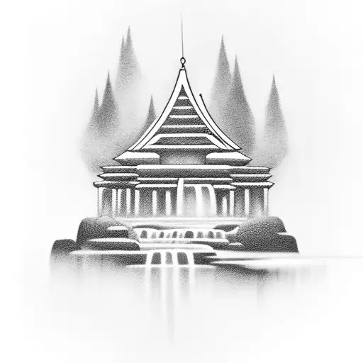 Temple With Waterfall Surrounding
