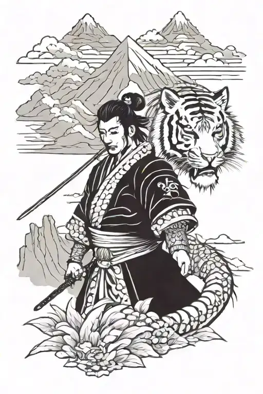 Samurai With Geisha Face With Mountains In Background And Tiger
