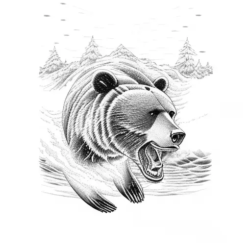 A Majestic Bear Catching A Salmon In A Rushing River