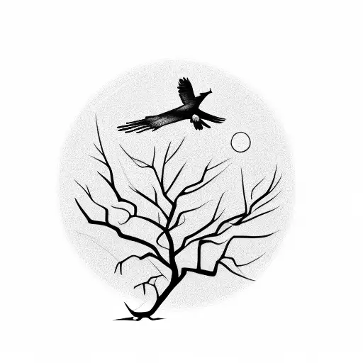 A Crow Flying In Front Of A Tree With Full Moon In The Background At Night
