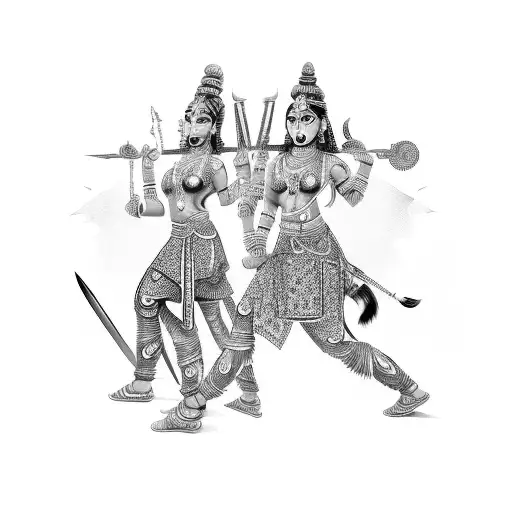 Twin Hindu Warrior Females In Action