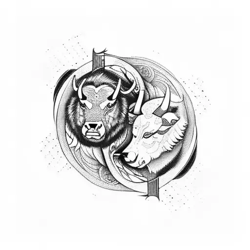 A Bull And Wolf Intertwined In A Yin And Yang Symbol With Anime-style Details