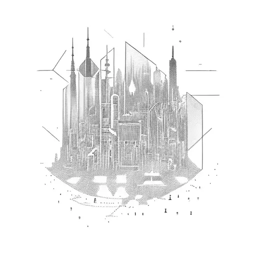 A Blackwork Tattoo Of A Futuristic Cityscape On A Distant Planet