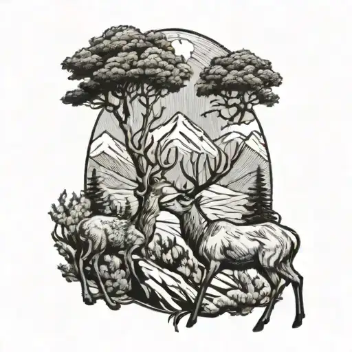 Two Deer Fighting With Mountians And Trees In The Background
