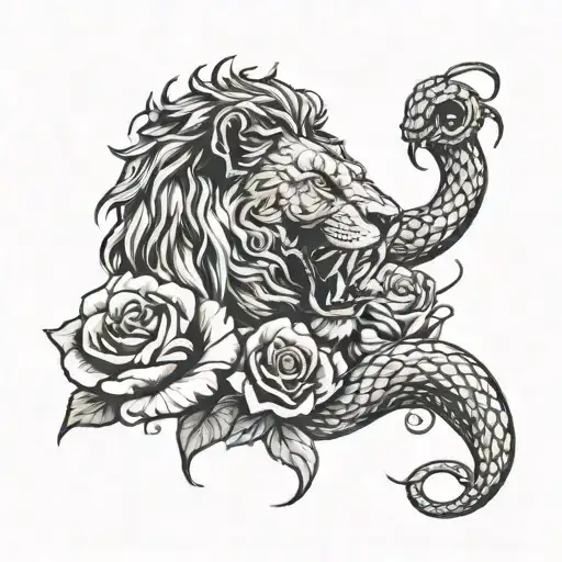 A Lion And Snake In A Fierce Battle With A Rose As The Battleground