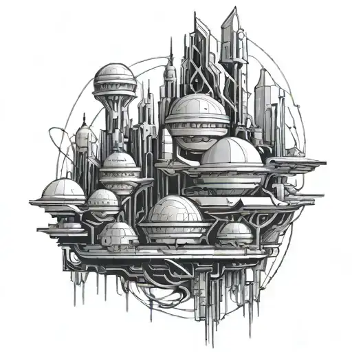 A Blackwork Tattoo Of A Futuristic Space City Inspired By Sci-fi Games And Movies