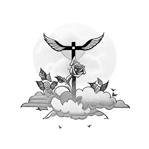 Cross In A Rose Field With Clouds Opening Up A Sunset And A Dove Flying Around