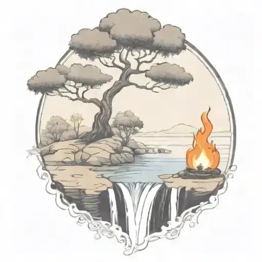 A River With A Campfire And A Rowan Berry Tree On Either Side Of It Waterfalls Down The Front Tattoo