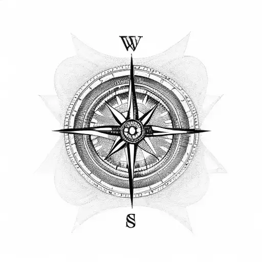 A Blackwork Tattoo Of A Compass With Each Cardinal Direction Symbolizing A Different Family Member
