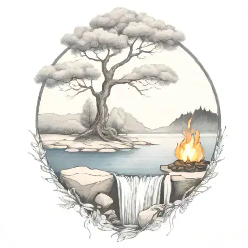 A River With A Campfire And A Rowan Berry Tree On Either Side Of It Waterfalls Down The Front Tattoo