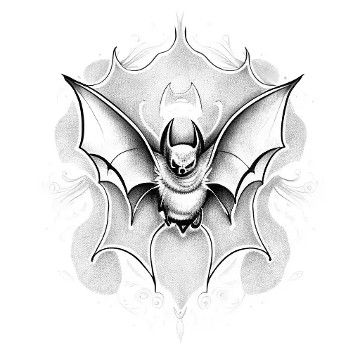 A Detailed Tattoo Of A Bat With Intricate Shading And Dotwork