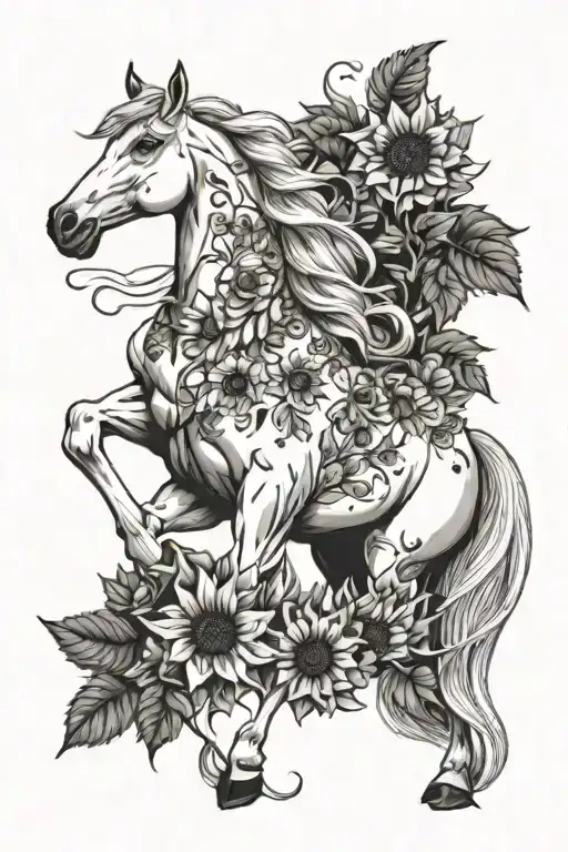 White Horse With Sunflowers Intertwined