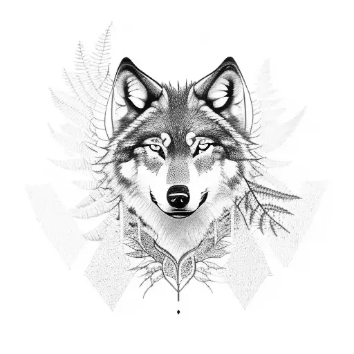 A Mystical Scene Of A Wolf And A Fern Merging Together