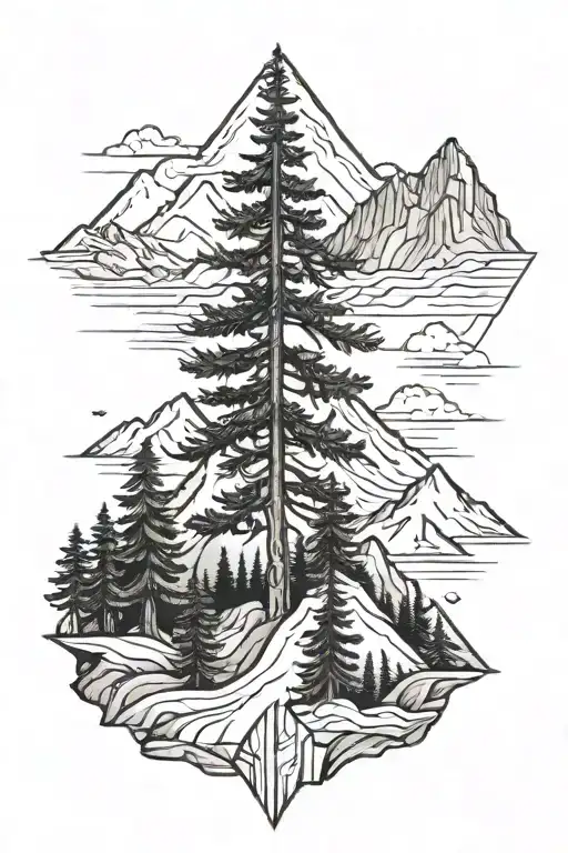 Mountains And Pine Tree Fine Line Concept