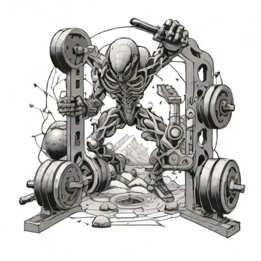 An Intricate Gym Scene With Sci-fi Elements Like Alien Rocks In A Blackwork Style