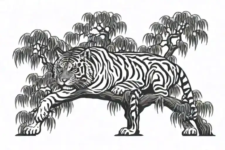 Weeping Willow Tree With Tiger Wearing Bandana Around Neck