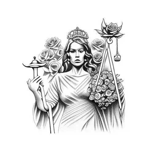 A Realistic Portrait Of Lady Justice Holding Roses In Her Hands
