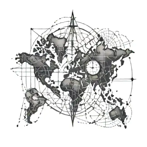World Map With Grid And Compass Rose Surrounded