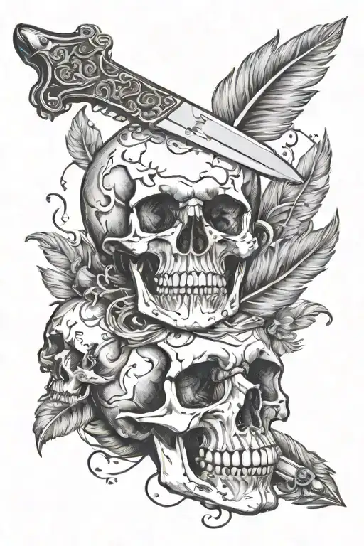 Knife With Feather On Handle Going Through A Skulls Mouth From The Top Down