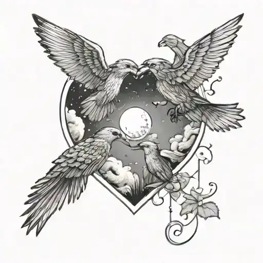 A Dreamy Scene Of Hummingbirds And Bald Eagles Flying Around A Heart-shaped Moon