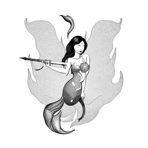 Asian Mermaid With A Trident And A Conch Shell
