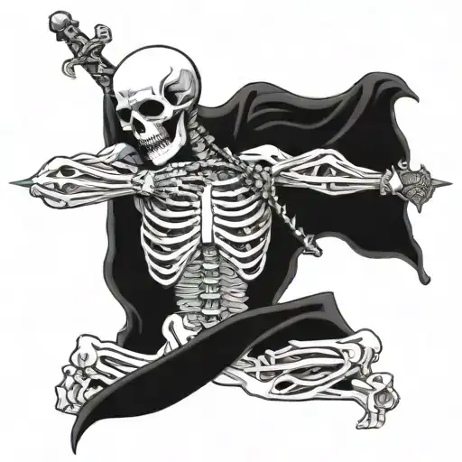 Skeleton Praying Sword In Ribs Torn Cloth