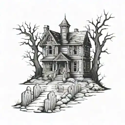 A Haunted House With A Creepy Graveyard In The Background