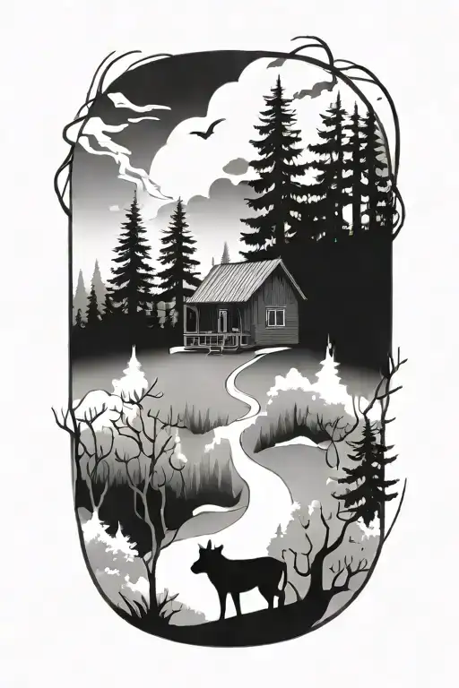 A Winding Path Leading Through A Dense Forest Of Towering Trees With A Hut With A Deck