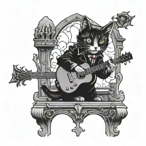 A Vampire Cat Playing A Guitar In A Gothic Cemetery