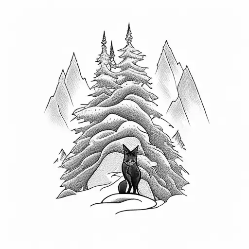 Mountain With Skiier With A Forest In Front With A Fox And A Bear And A Lake With A Loon