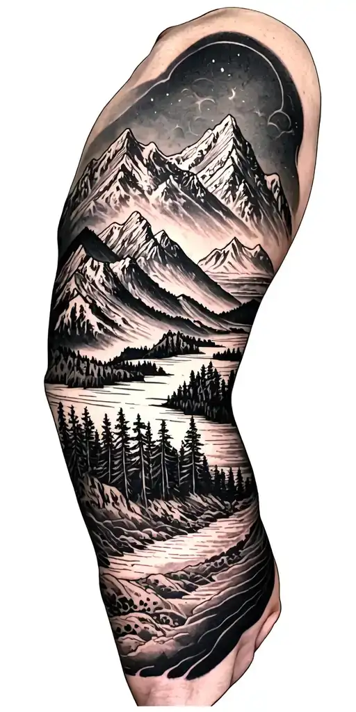 Full Sleeve Tattoo Featuring Mountain Outlines