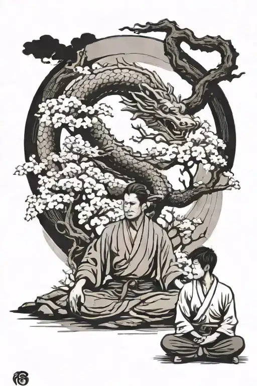Karateka Meditating In Front Of A Sakura Tree With A Japanese Dragon Behind Tattoo