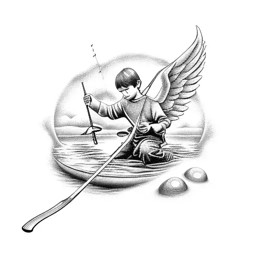 Angelic Tribute Tattoo Of Son Fishing With Angels In Blackwork Style